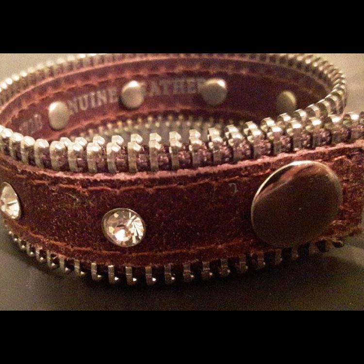 Vintage 1970s. Rhinestone Leather Zipper Bracelet